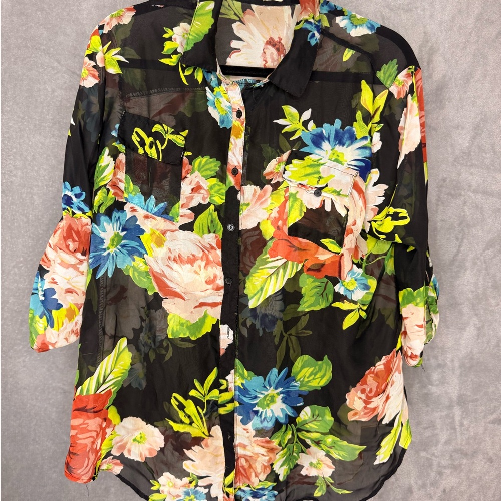 Ambiance Black Sheer Floral Button-Down Shirt